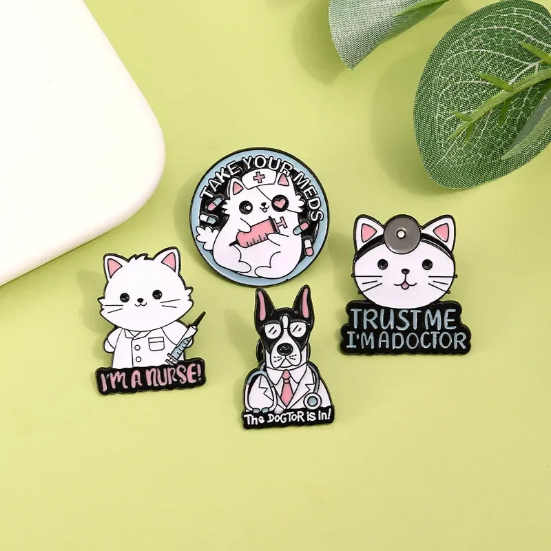 Medical Shape Dogs Cats Enamel Pin Brooch Cartoon Pet Veterinarian Trust Me I'm A Doctor Badge Jewelry Gifts for Doctor Nurse