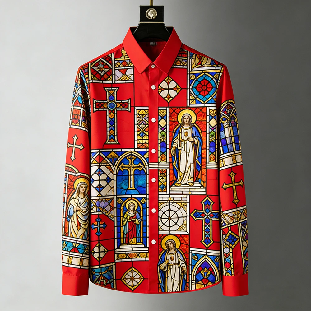 

Мужская новая модная рубашка в стиле ретро, легкая роскошная, с длинным рукавом, высококачественная, с 3D-принтом, для церкви, для официальных мероприятий, повседневная, для активного отдыха, мужской топ