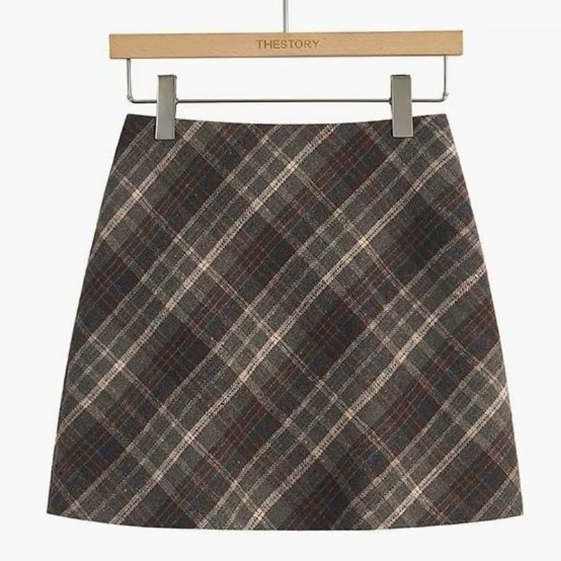 

Y2K Women's Skirts Vintage Clothes Tweed Plaid Mid-length Autumn Winter High Waist Thin A-line Skirt Hip Skirt for Women Skinny