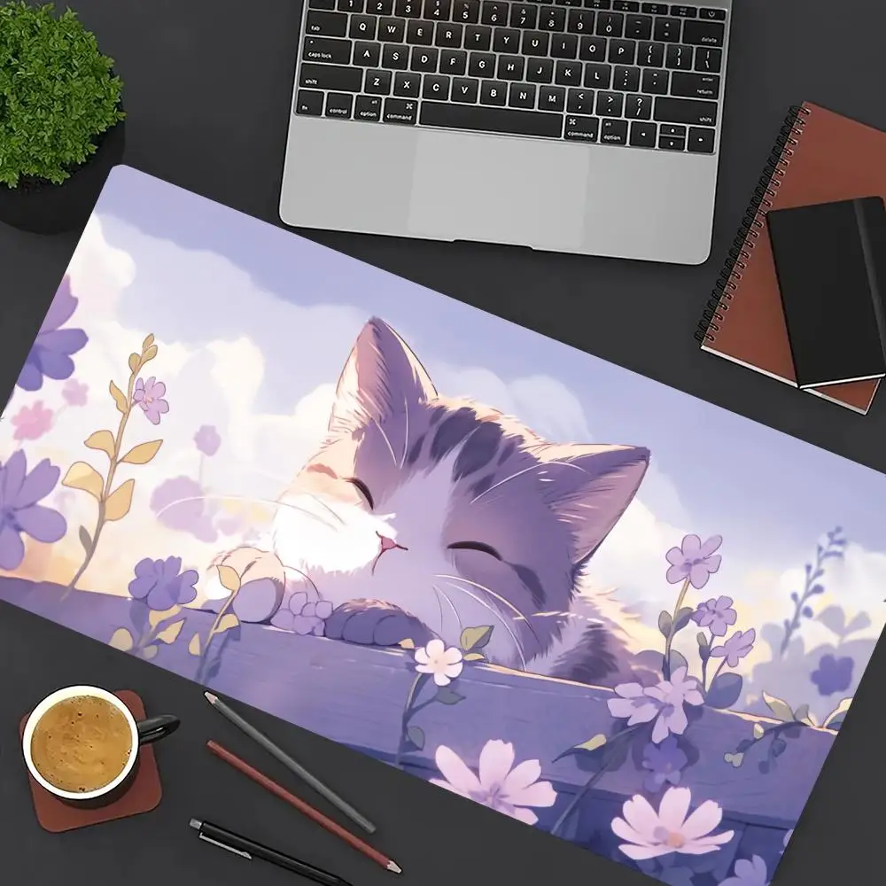 

Cute Cat Design Mouse Pad Purple Large Computer Office Game Table Mat XXL Rubber Anti-slip Stitched Keyboard Mats Long Desk Pads