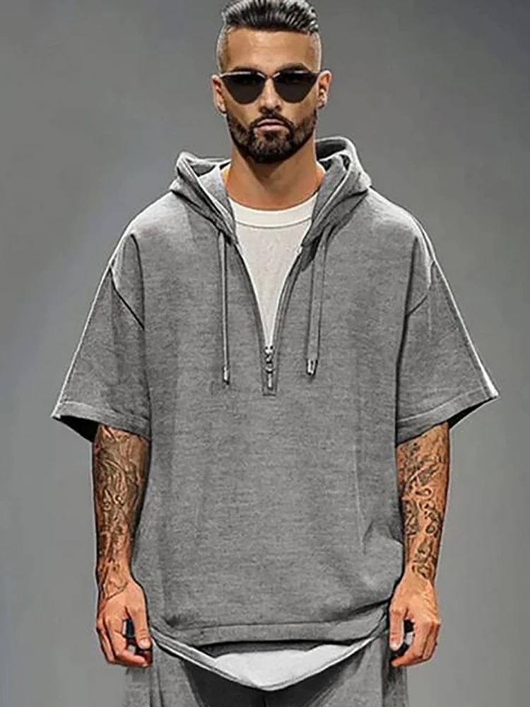 

Men's Half Zip 2-Piece Set Solid Short Sleeve Tops Drawstring Sweatshirt Loose Elastic Waist Shorts Streetwear Casual Shorts Set