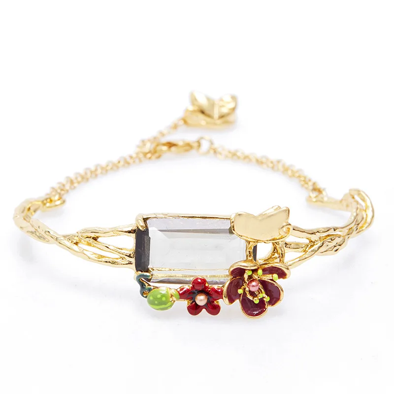 Fashion Enamel Glaze Plum Blossom Freshgreen Ladybag Flower Big Gray Square Glass Metal Butterfly Tailtag Semi Bangle for Women