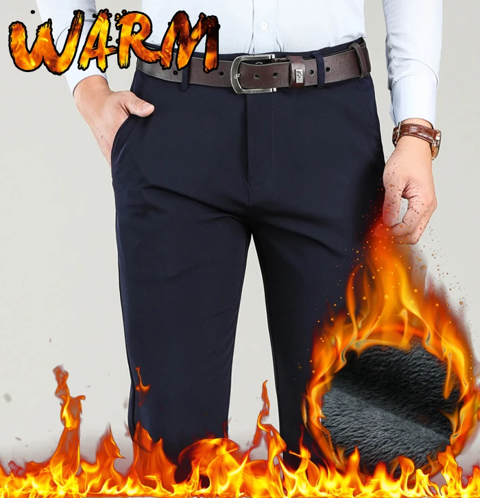 Big Size 40 42 Winter Pants Men Fleece Warm Thicken Casual Pants Business Fashion Classic Stretch Trousers Male Black trouser