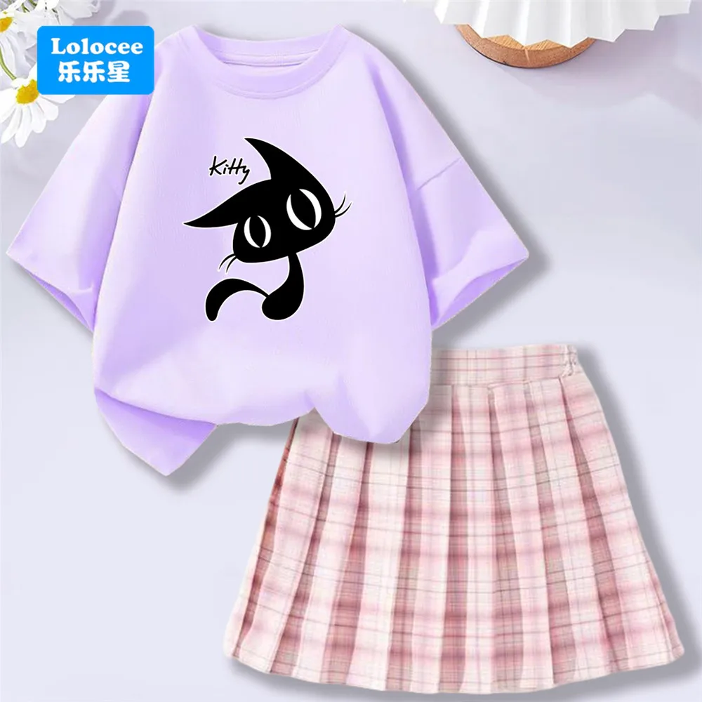 2025 New Cute Girls' 2Pcs Set Cotton Outfit Black Kitty Print Short Sleeve Top And Plaid Pleated Skirt Outfits Set MHM1