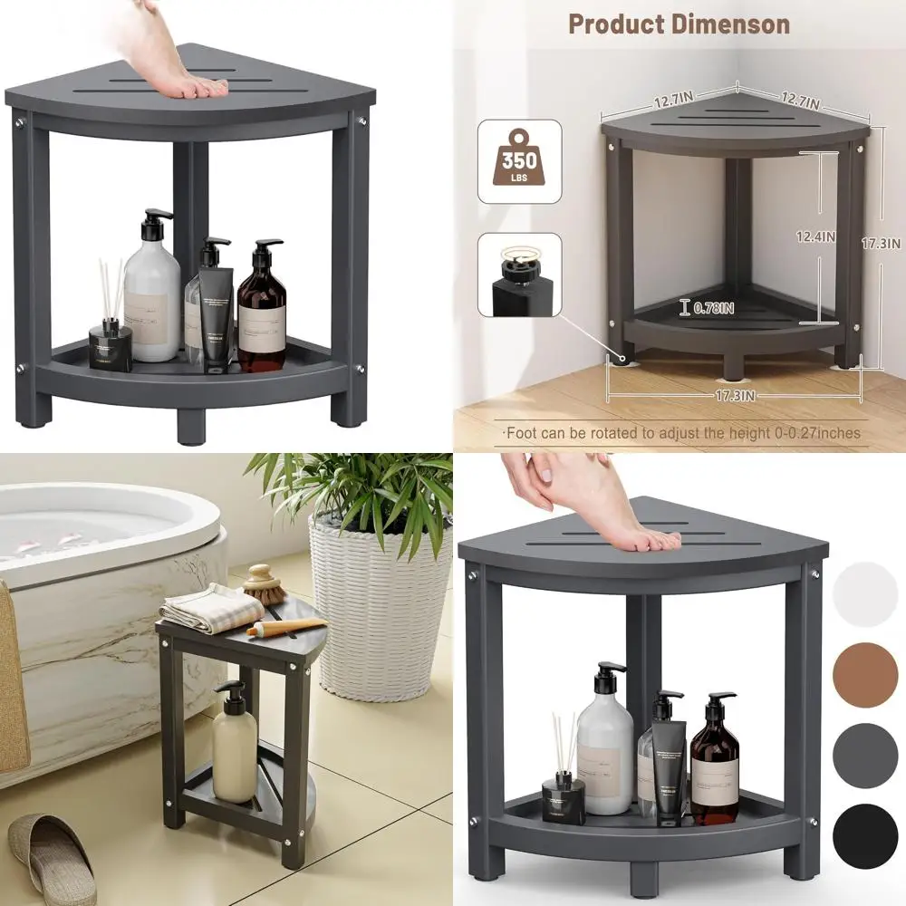 

Grey Waterproof Corner Shower Bench with Storage Shelf and Foot Rest for Indoor/Outdoor Use