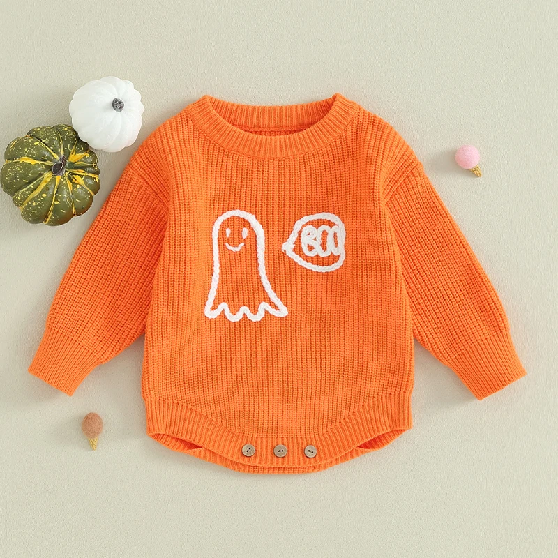 

Infant Baby Fall Knitting Jumpsuit Halloween Ghost Jacquard Round Neck Long Sleeve Sweater Romper Bodysuits for Boys Girls