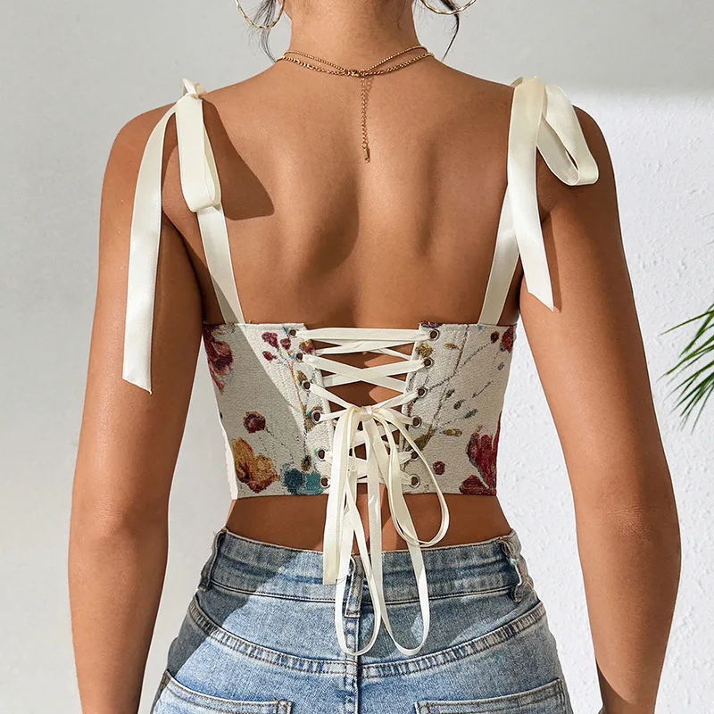 Flower Printed Lace Up Crop Tops Corset Sexy Sleeveless Backless Halter Corsets Women Slim Camisole Vest Fashion Tank Top Summer