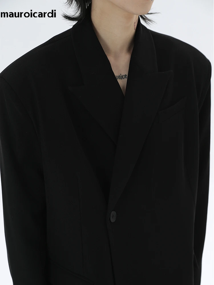 Mauroicardi Spring Autumn Stylish Black Blazers for Men Peaked Lapel Shoulder Pads Long Sleeve Loose Luxury Designer Clothes