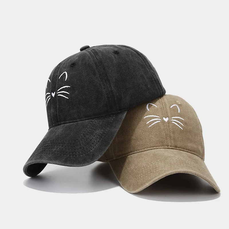 

Cute Cat Embroidery Washed Cotton Baseball Caps For Women Men Retro Snapback Summer Hats Sun Visors Hip Hop Dad Hat Casquette