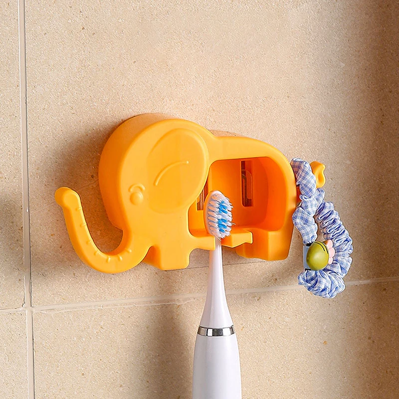 1PCS Plastic Cartoon Elephant Toothbrush Cup Holder Wall Mount Sundry Storage Rlack Commodity Shelf For Bathroom Accessories