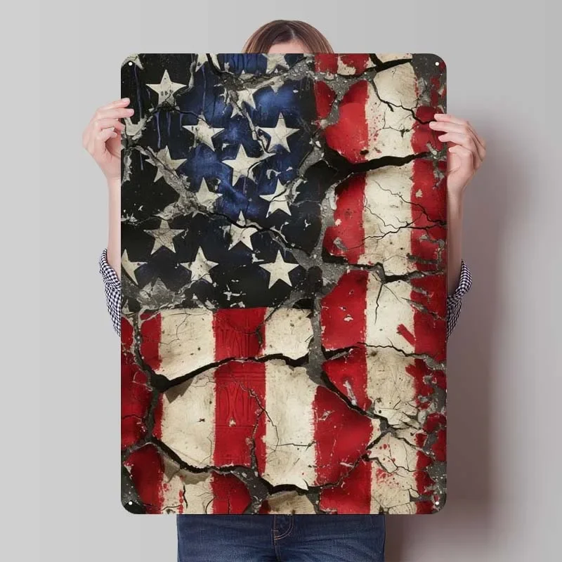 Fractured American Flag Rust Sign Man Cave Vintage Poster Retro Metal Tin Sign for Wall Decoration Art of Murals Coffe Bar Decor