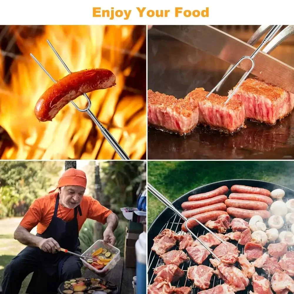 5Pcs/Set Barbecue Forks Outdoor Telescopic Wooden Handle Skewers Camping Stainless Steel Grill Extendable Marshmallow BBQ Sticks