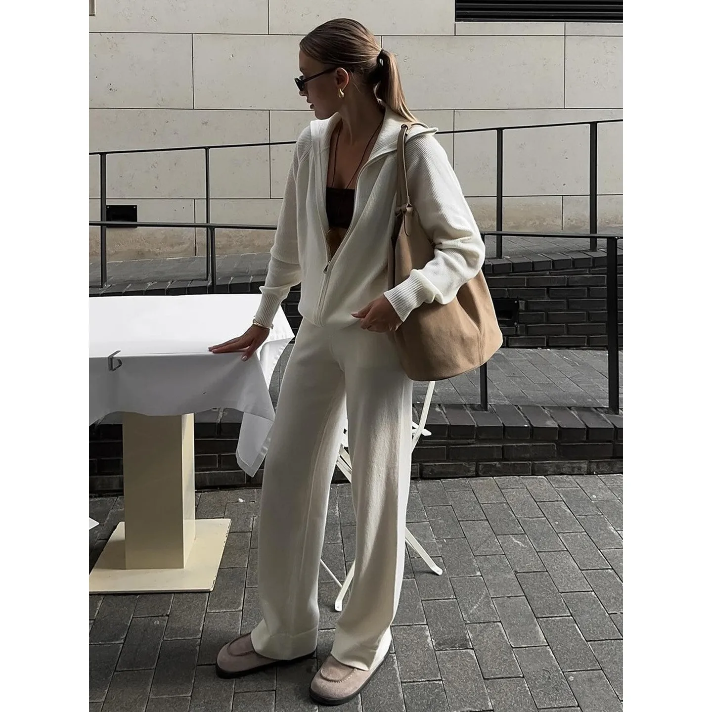 

Women's Zipper Cardigan Knitted Sweater And Wide Leg Pants Knitwear Set Winter Faion Outfit Casual Comfortable Sle