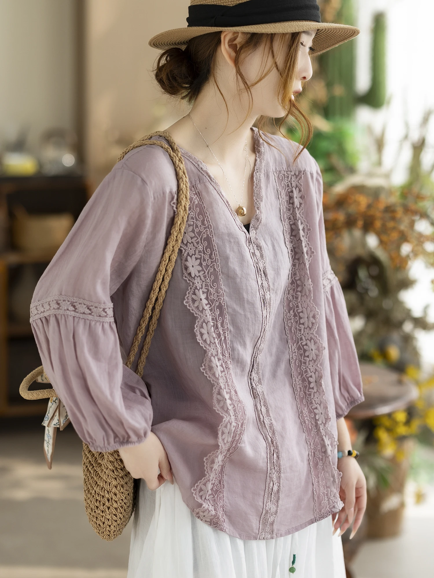 

Camiyu New Style Loose Fit Purple Linen Lace Collar Lantern Sleeve Women's Shirt Breathable Comfortable Elegant Fashion Top
