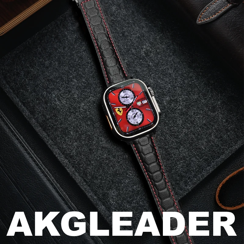 AKGLEADER Armor-embellished Leather Butterfly Buckle Watch Band for Apple Watch Ultra 9 49mm for Watch Ultra 2/1 45mm 42mm Band