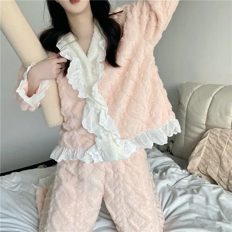 Spitze Frauen Pyjama Set Winter Nachtwäsche Fleece Samt 2 Stück Hose Home Anzug Schlaf flauschige koreanische feste Piiama warme Nachtwäsche