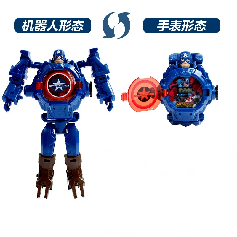 Marvel iron Man Spiderman Cartoons Children's watch Deformation robot 3d LED Luminous watch Children's model toy watch