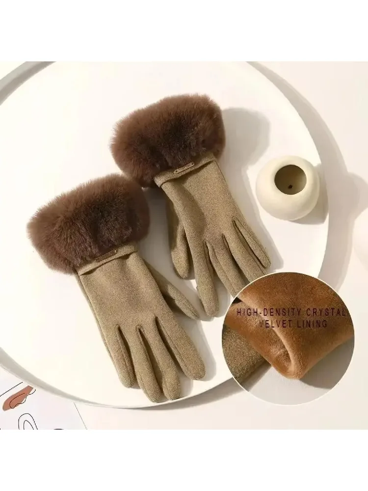 AliExpress NONE Winter Women Keep Warm Plus Velvet Touch Screen Thicken Plush Wrist Suede Gloves Fashion Personality Elegant Drive Cycling