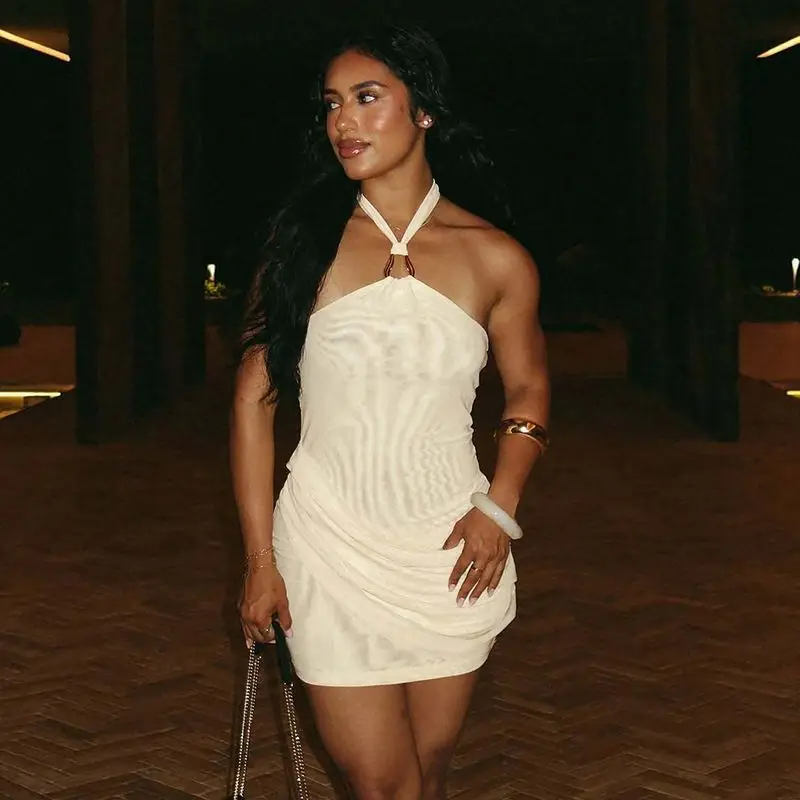 바디콘 드레스 커브 여성용 컷아웃 플라운스 시크 비치웨어 여성용 타이 숄더 미니 휴가 리조트 홀리데이 해변 트로피컬 분위기