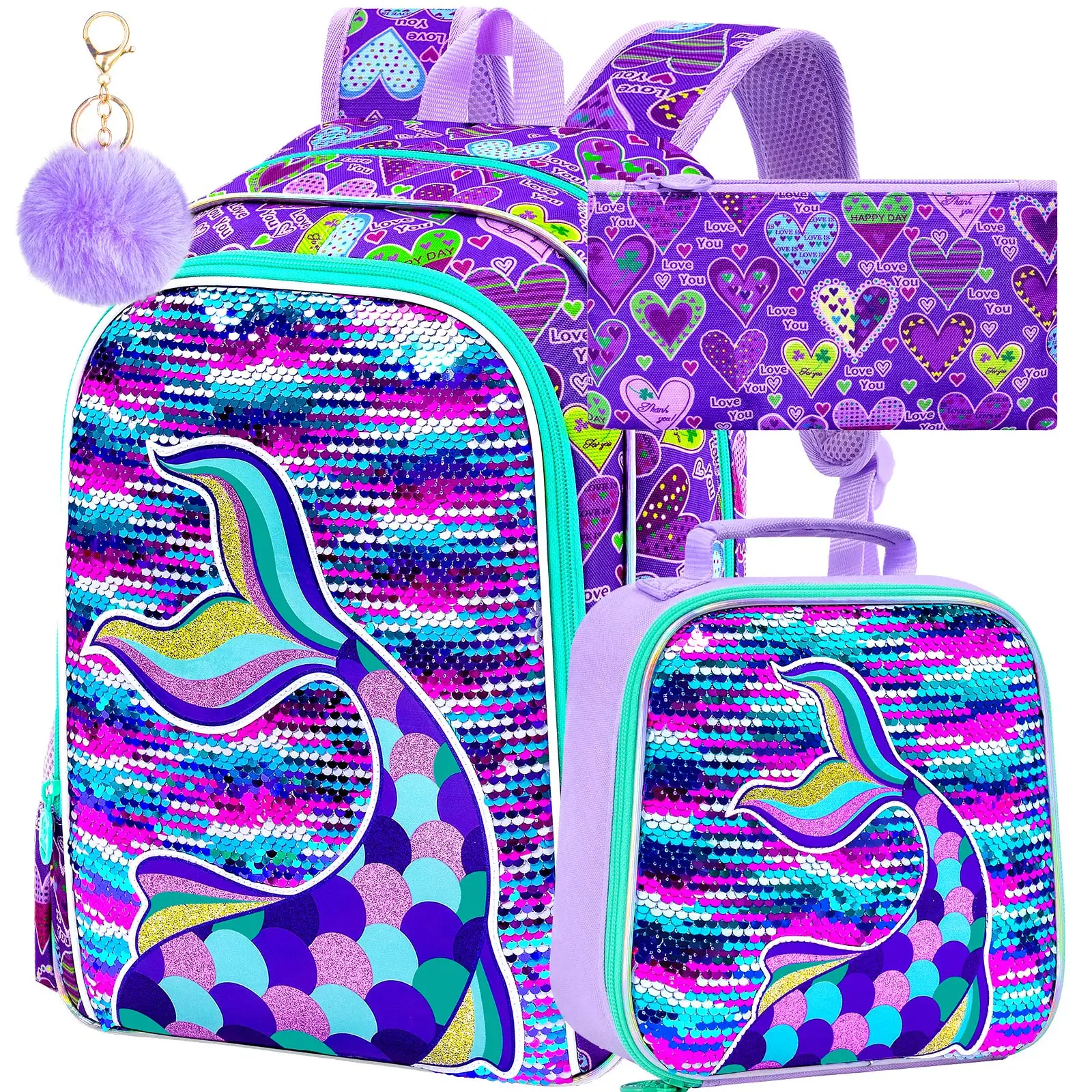 kid's-backpack-3pcs-16-inch-uv-print-deep-purple-sequin-mermaid-tail-backpack-set-one-backpack-one-handbag-and-one-pencil-case