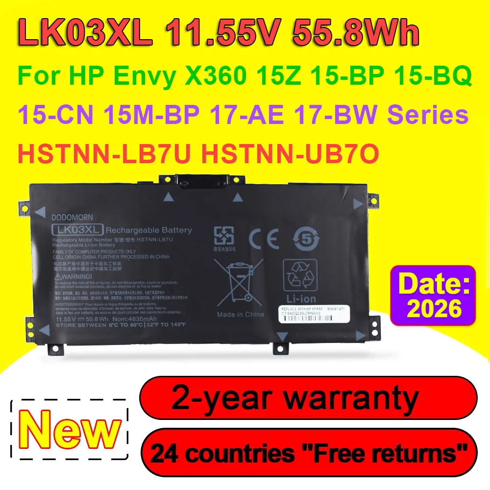 Batería LK03XL para portátil HP Envy X360, 15Z, 15-BP, 15-BQ, 15-CN, 15M-BP, 17-AE, 17-BW, HSTNN-UB7I, HSTNN-LB7U, 11,55 V, 55,8 Wh