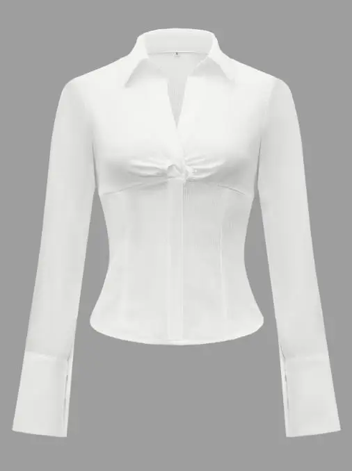 Y2Kスパイシーガールスタイル無地長袖小さめシャツレディース服2025秋冬