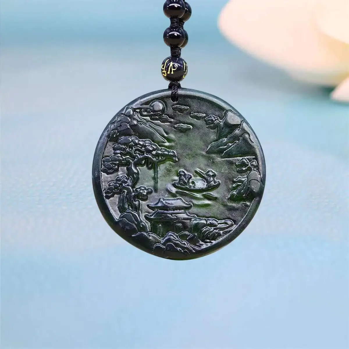 

Jade Landscape Pendant Necklace Gemstones Gift Luxury Jewelry Natural Men Carved Black Real Designer Talismans Gemstone Man