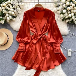 French Vintage Folds V-neck Solid Puff Sleeves Long Sleeves Dress Casual A-LINE Women Fashion Autumn Dress