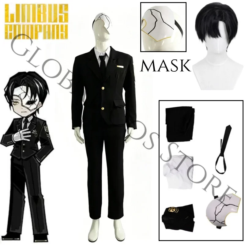 

Game Character Rien Cosplay Costume Limbus Company Cos Anime Black Suit Wig Full Set White Shirt Black Tie Mask Props Halloween