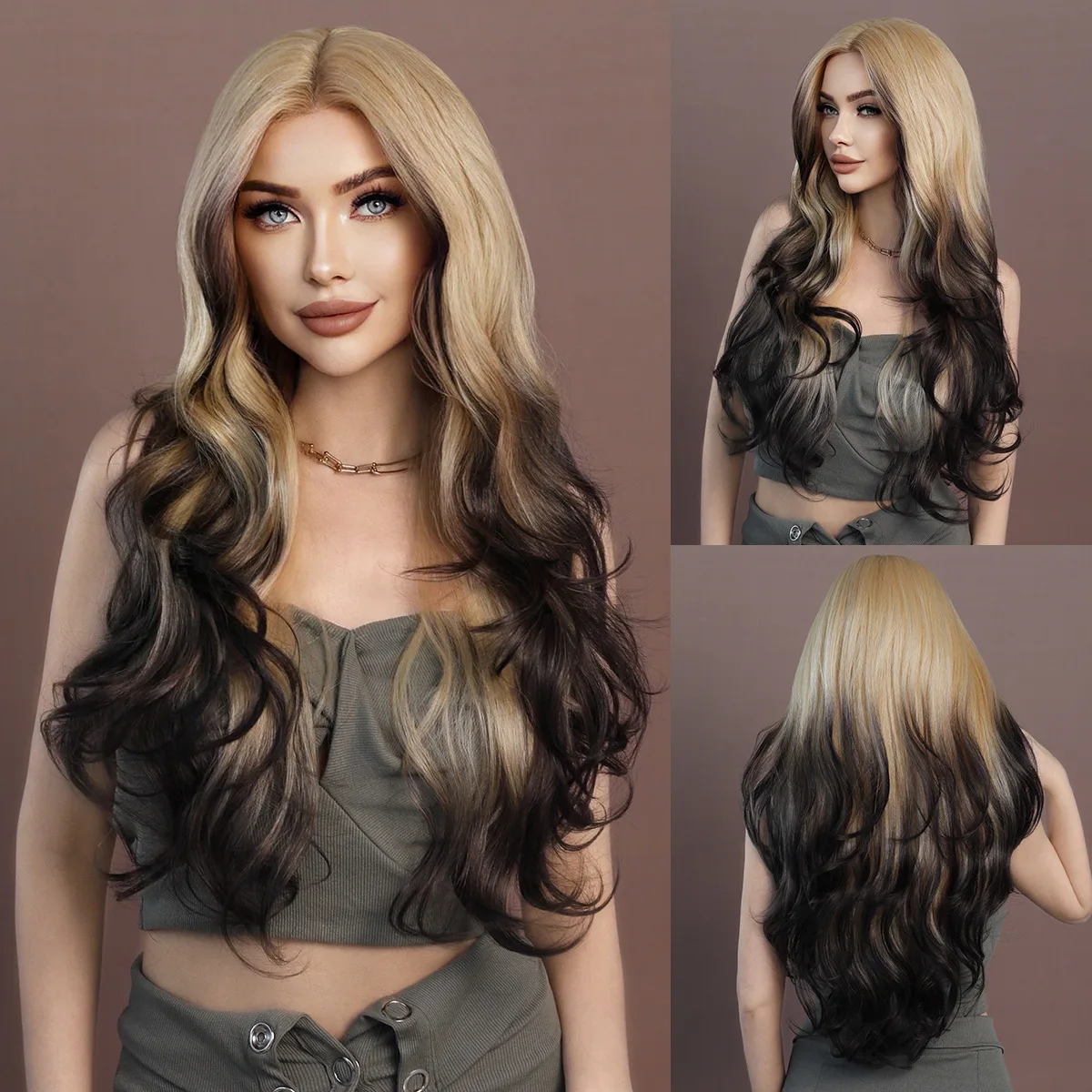 Supply Siamese cat gold gradient T-shaped lace wig fashion chemical fiber full head wave long curly hair