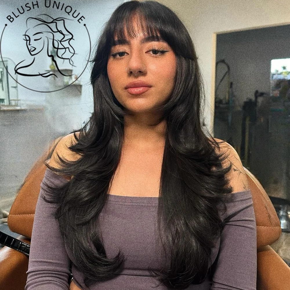 

Natural Black Layered Wig with Bangs for Women Long Synthetic Layered Cut Wig Butterfly Haircut Heat Resistant Glueless Wigs