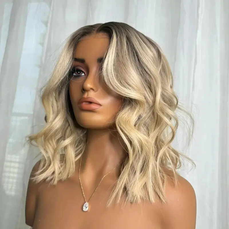 

Бесклеевой, легко носить, высококачественный парик 13x4, омбре, пепельно-русый, синтетический парик спереди с темными корнями, натуральный короткий волнистый боб