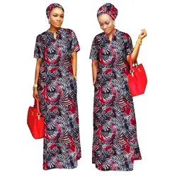 BRW African Print Clothing for Women Short Sleeve Outfits Woment Free Head Scarf Lady Long Dress Maxi Size WY843