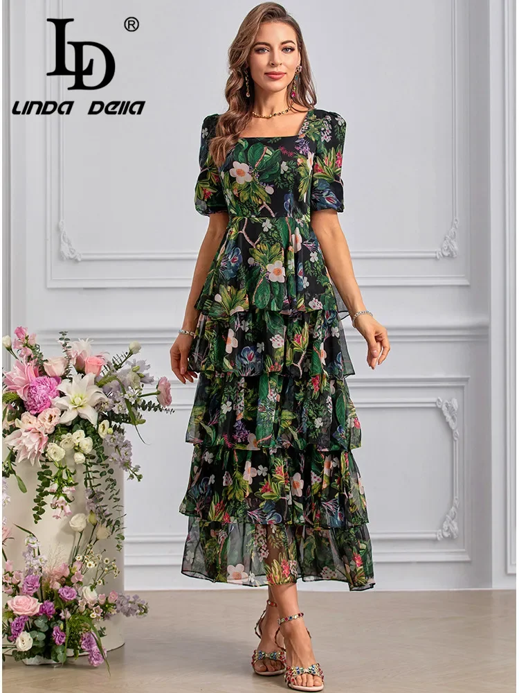 LD LINDA DELLA-Robe en mousseline de soie, imprimé floral, style bohème, volants en cascade, tempérament, été 2024