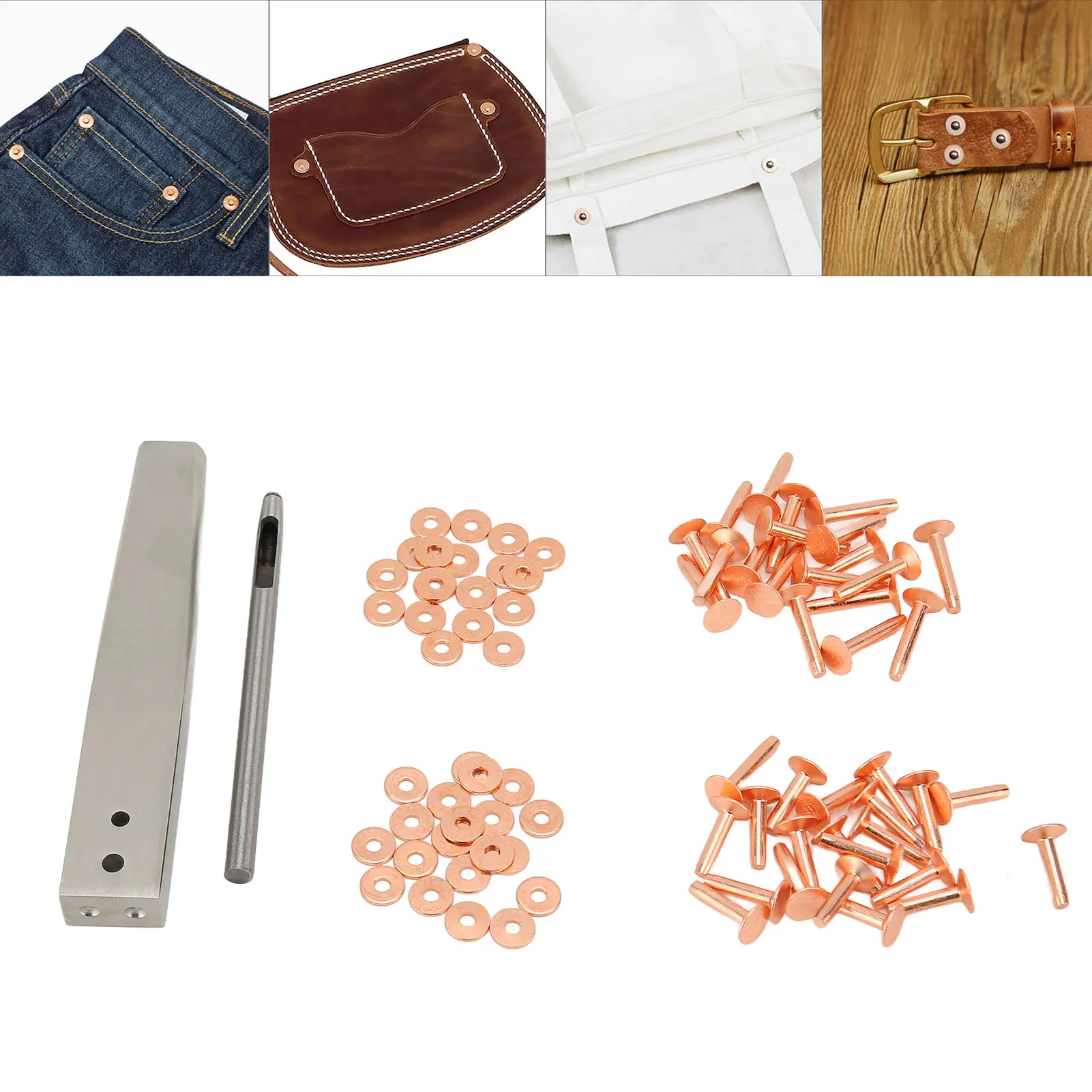 Copper Rivets Burrs Kit Copper Rivets with Setters Corrosion Resistance High Hardness DIY Leather Craft Hand Made for Clothing