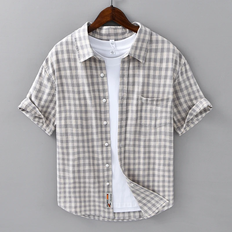 

2026 Spring Summer New Vintage Plaid Pure Cotton Short Sleeve Shirts for Men Clothing Soft Turn-down Collar Shirts