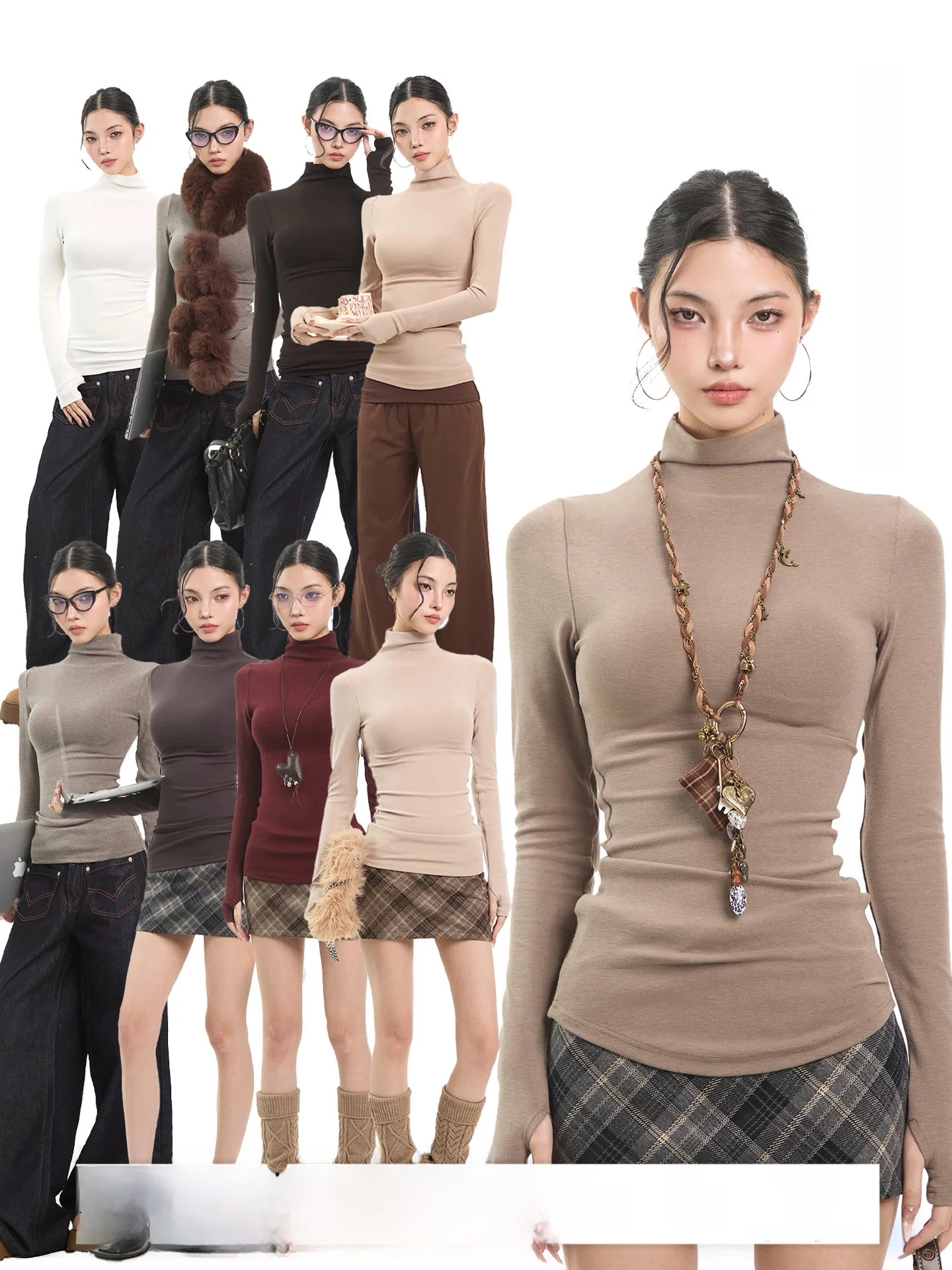 

Retro Coffee Color Long Sleeve Half High Collar Slim Fit Women's T-shirt Autumn Winter Warm Base Layer Shirt Top