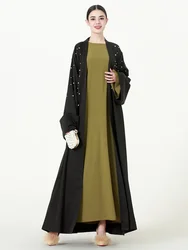 Abito musulmano stringato donna semplice perline aperto Abaya per donna scollo a v caftano Islam Cardigan Dubai arabo Vestido Longo Feminino