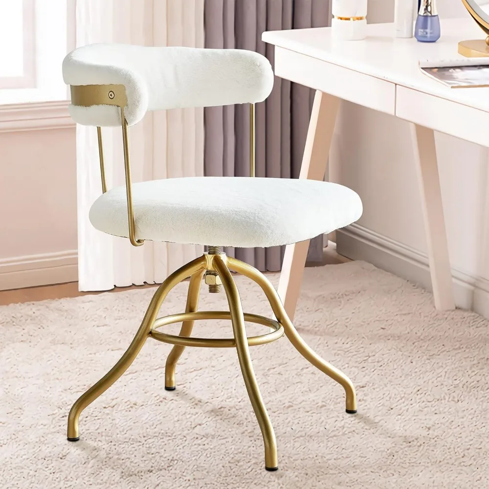 Silla de escritorio clásica, asiento de tocador elegante, silla decorativa de piel sintética de felpa, silla tapizada giratoria versátil en blanco para dormitorios