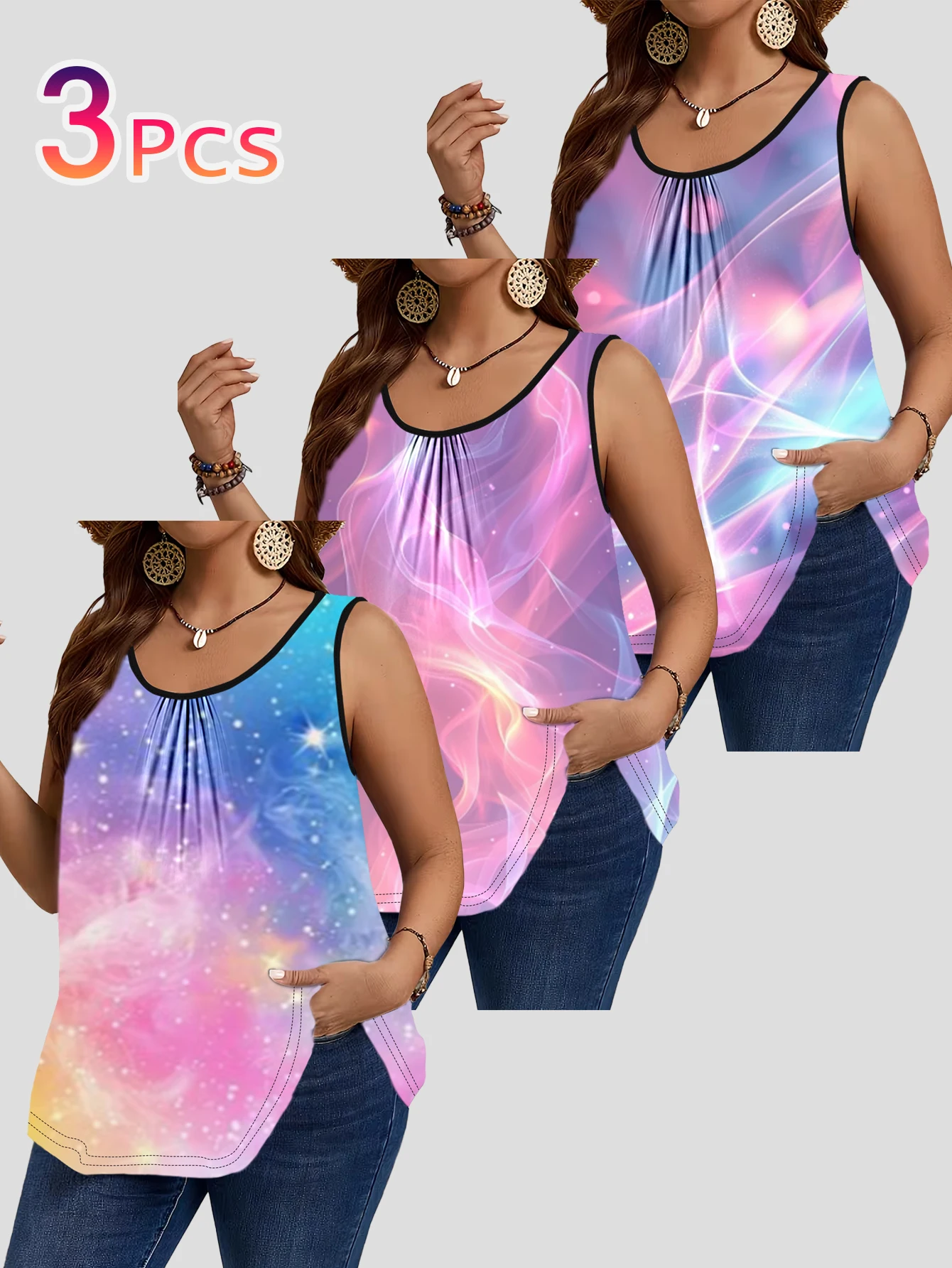 3-Piece Set of Large Size Fantasy Smoke and Light Flow Print Sleeveless Vest for Women, Pink and Blue Gradient Smoke and Nebula Loose Round Neck Cover-Up Top