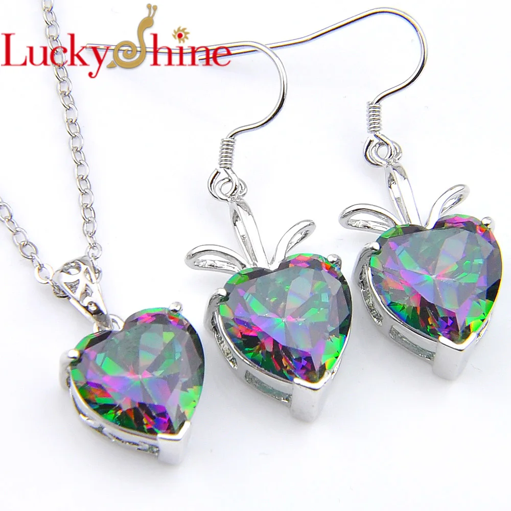 

Luckyshine Bright Rainbow Heart Mystic Topaz Gemstone Silver Necklace Dangle Earrings Jewelry Set