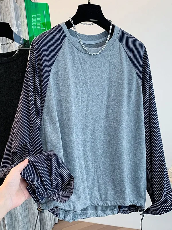 

Korean Japanese T-irt Women's plus Size Patchwork Dstring Sweatirt Striped Design Casual Comfortable Long Sve Top