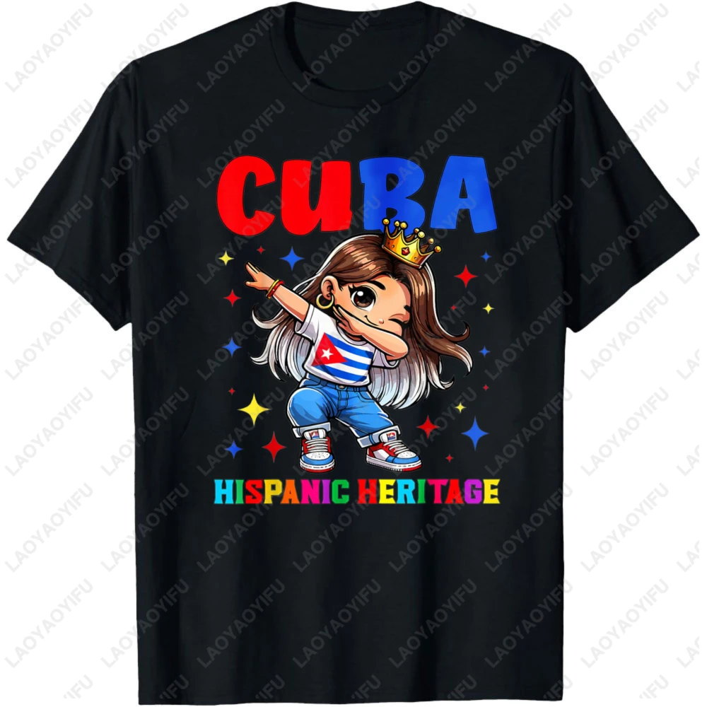 Cuba Flag Chibi Girl Graphic T Shirts Dabbing Cubanita Hispanic Heritage Crown Summer Short Sleeve Casual Cotton Top for Men