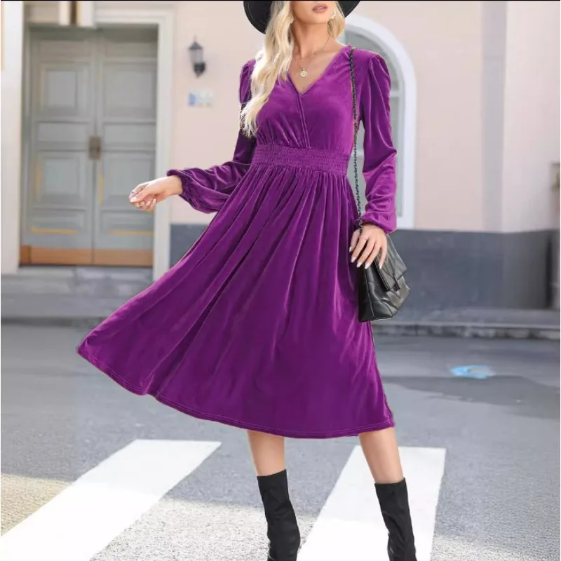 

Luxury Spring Autumn Vintage Dress Long Sleeve Women Party Dresses V-neck Pleated High Waist Robe De Soirée Orange Long Dress