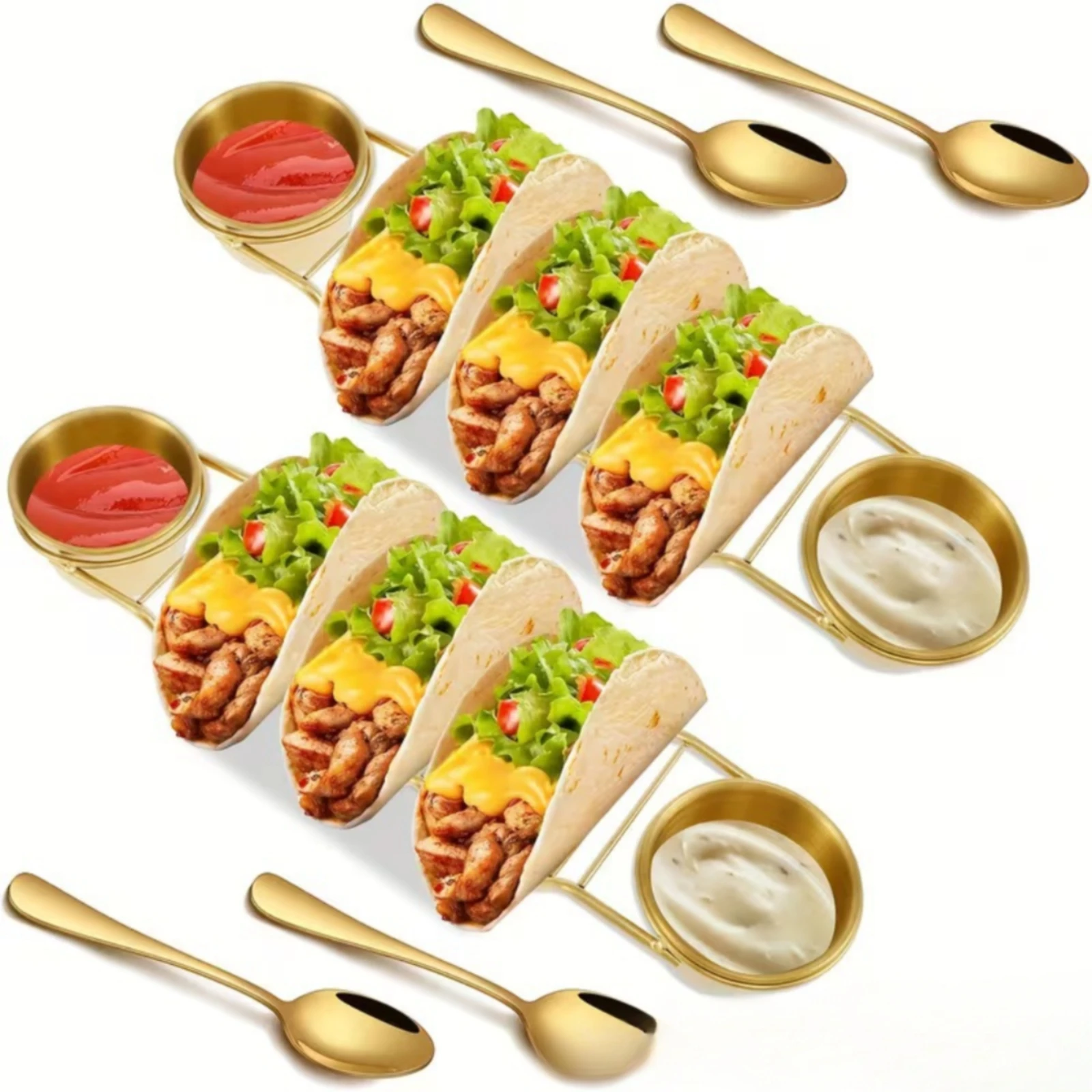 10 Pieces Taco Holder with Sauce Cups Gold-Tone Taco Stand with Sauce Cups Food-Grade Stackable for Hosts, Parties, Dinners