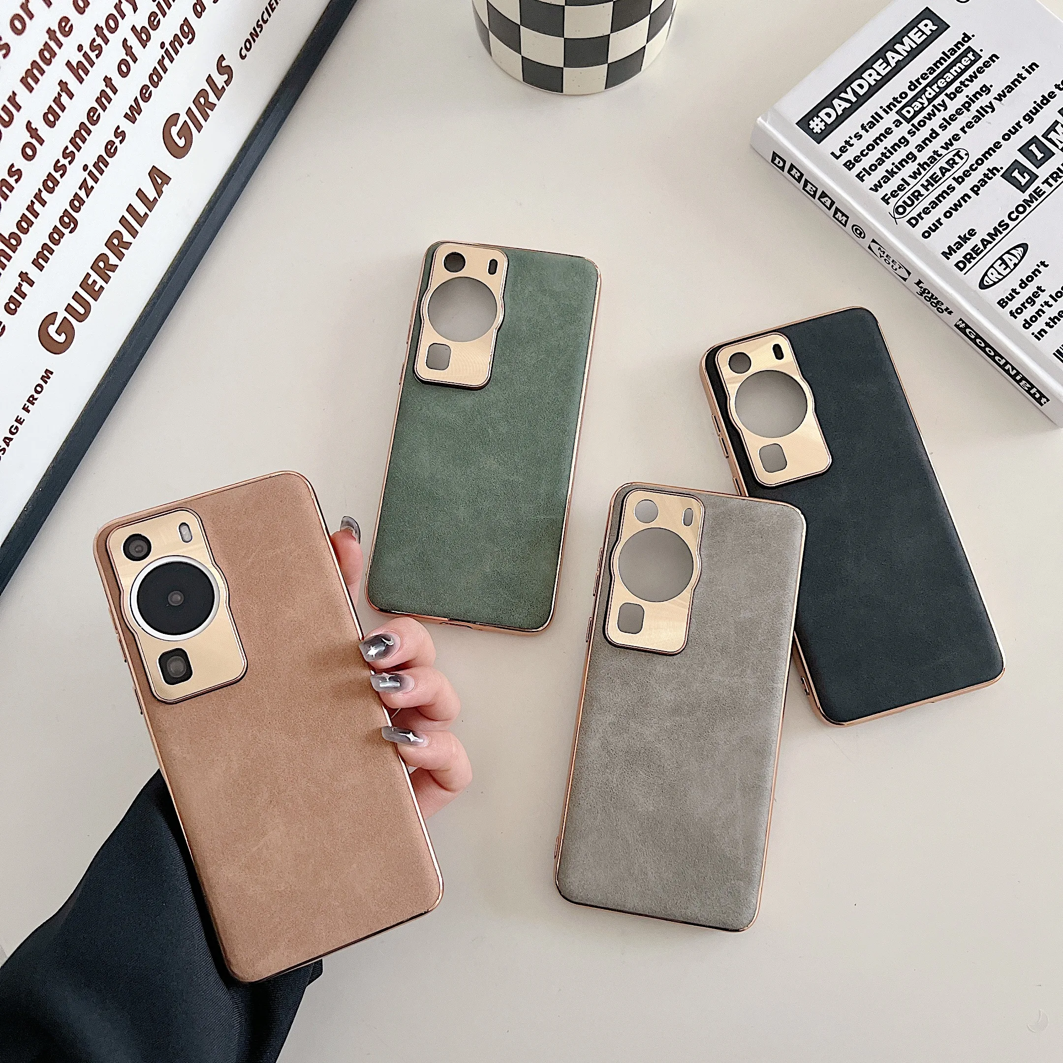 Ultra Thin Slim Plating Phone Case for Huawei P60 Pro Soft Touch Vintage PU Leather Full Protection Back Cover Shell