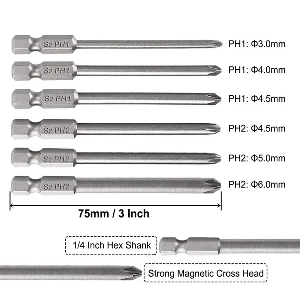 6Pcs Non-Slip Magnetic Batch Head Phillips/Cross Screwdriver Drill Bits  1/4\'\' Hex Shank 75mm Long Alloy Steel PH1 PH2