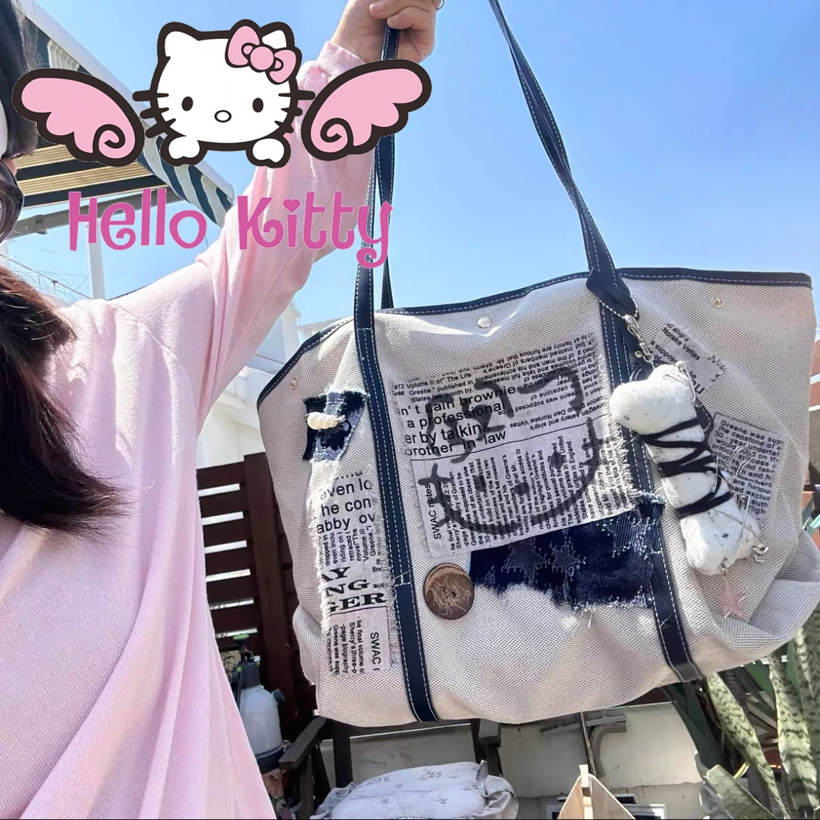 

New Genuine HelloKitty homemade retro canvas bag Casual shoulder crossbody tote bag Spicy girl style Sanrio Girl's gift bag
