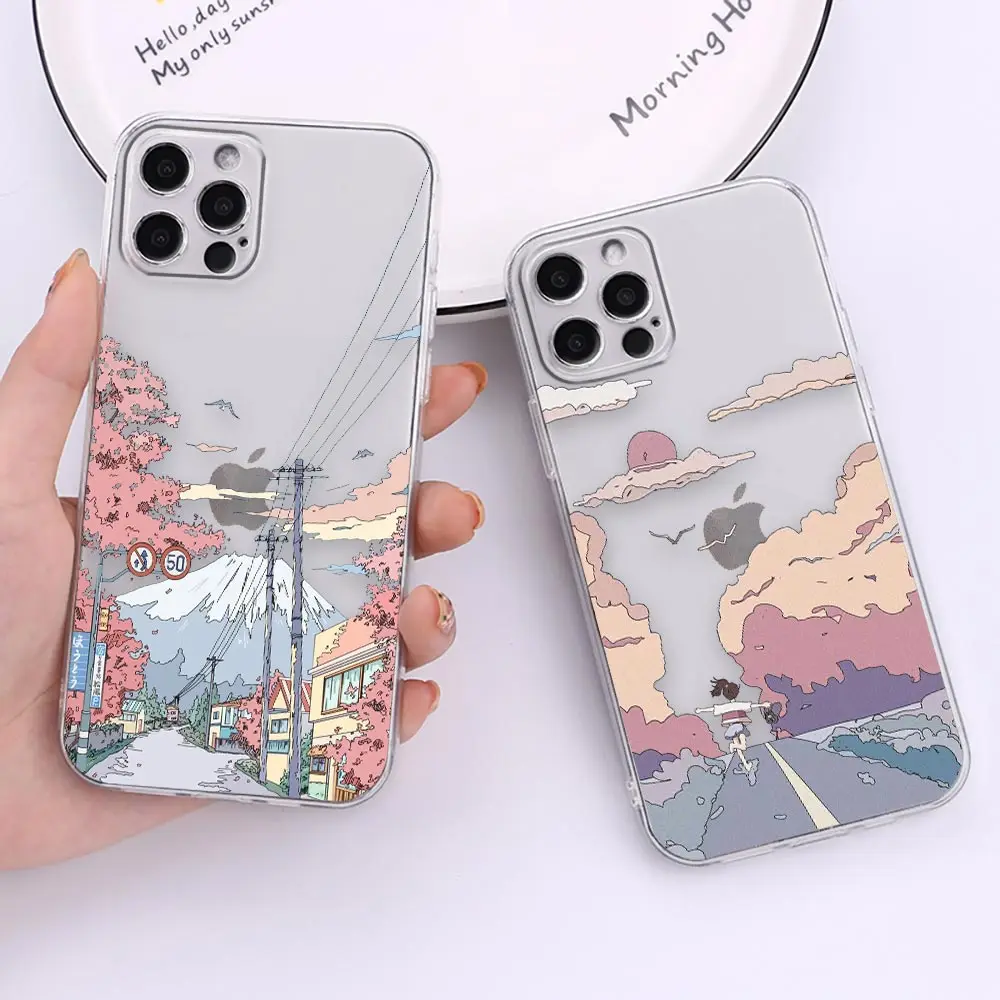 Clear Apple 14 Case For iPhone Apple 14 12 13 Mini 11 Pro 8 7 6S Plus X XR XS Max SE Case Japan Anime Hand Painted House Scenery