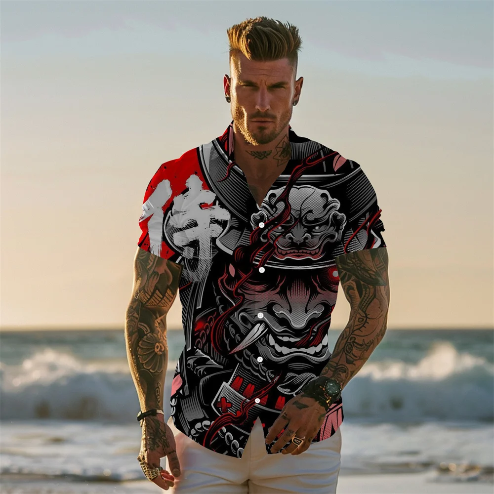 

Men's Hawaiian Shirt Cool Japanese Samurai Fashion Casual Personality Shirt Funny Black Print Hop Street Style Short Sleeve Tees